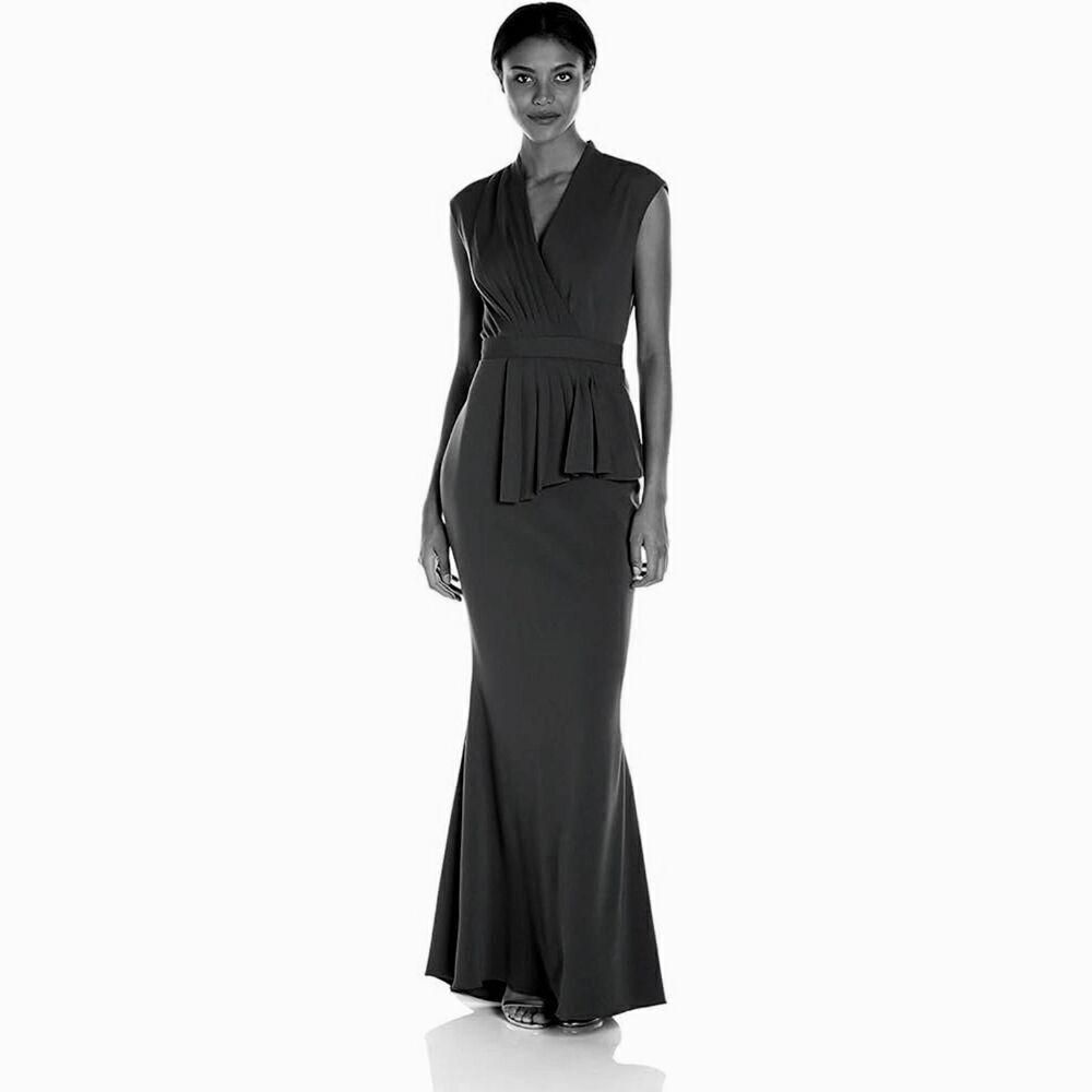 Badgley Mischka Black V-Neck Pleat Front Cap Sleve Gown Full Length Dress Size 8